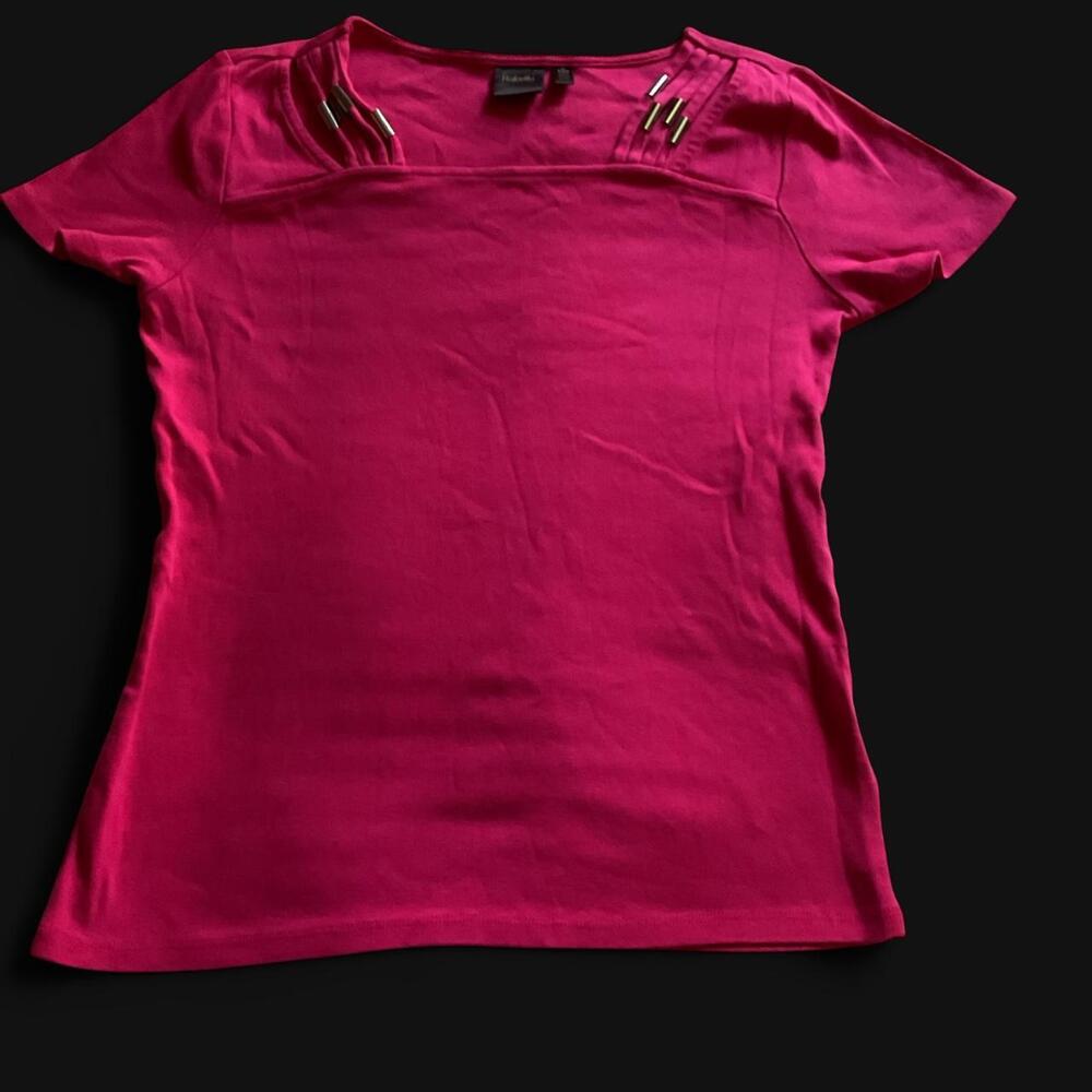 Rafaella Metallic Hardware Square Neck Short Sleeve Top in Fuchsia Pink